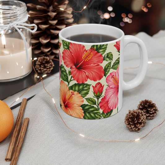 Hibiscus Floral Ceramic Mug — Tropical Pink & Peach Flower Coffee Cup (11oz, 15oz)