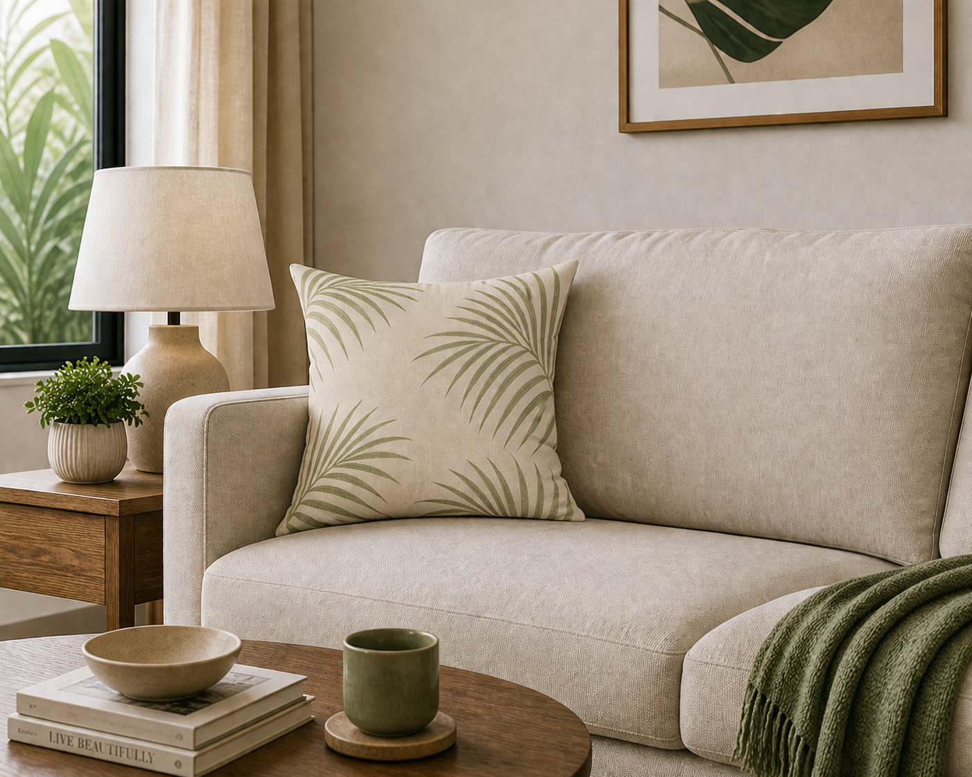 Palm Frond Faux Suede Pillow — Neutral Tropical Decorative Throw Pillow