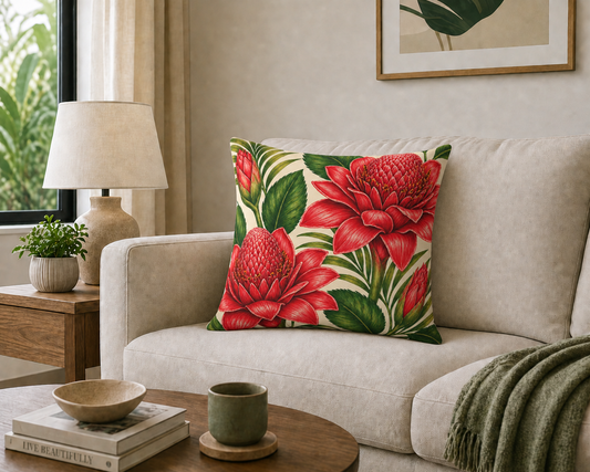 Tropical Red Torch Ginger Pillow — Faux Suede Decorative Throw Pillow