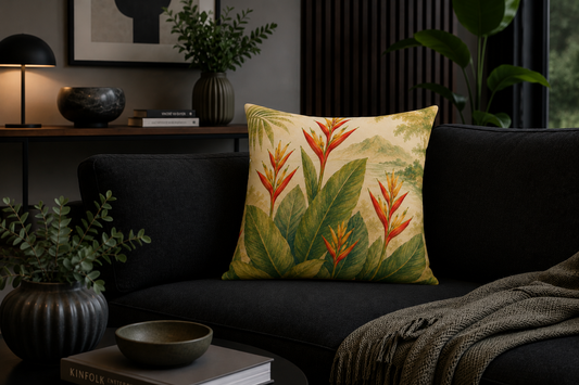 Tropical Heliconia Faux Suede Square Pillow — Botanical Floral Throw Pillow