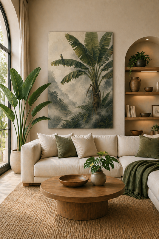 Living room with a white sofa, wooden coffee table, and large plant painting on the wall.