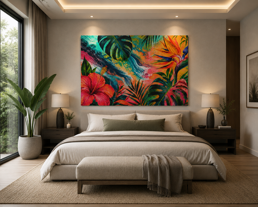 Tropical Floral Canvas Wall Art — Vibrant Hibiscus & Monstera Matte Print