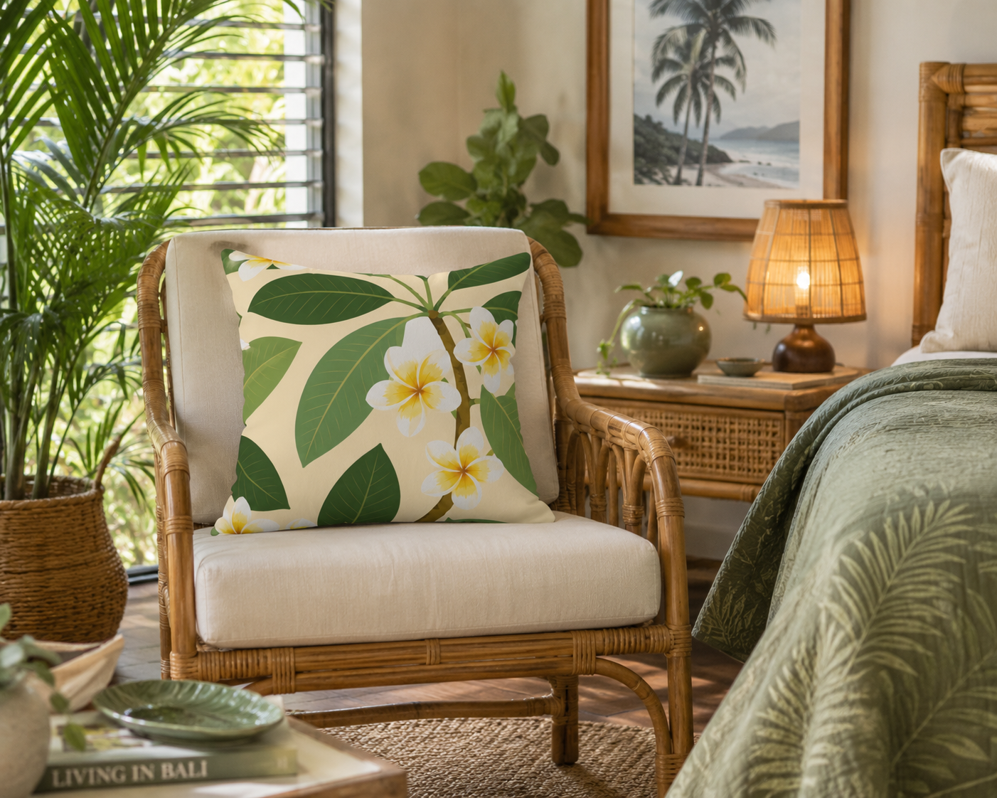 Plumeria Floral Faux Suede Pillow — Tropical Yellow Flower Throw Pillow