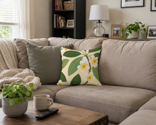 Plumeria Floral Faux Suede Pillow — Tropical Yellow Flower Throw Pillow