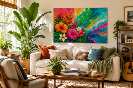 Tropical Floral Canvas Wall Art - Vibrant Hibiscus & Plumeria Stretched Print