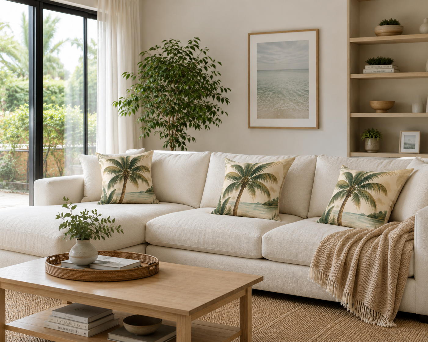 Living room with a beige sectional sofa, palm tree cushions, and a wooden coffee table.