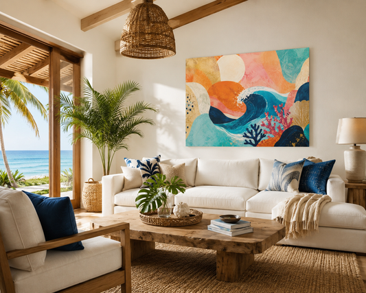 Abstract Ocean Waves Matte Canvas Print — Coastal Coral & Teal Wall Art