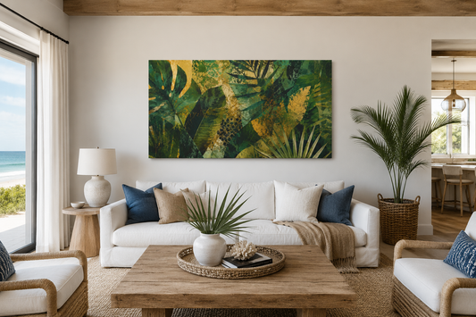 Tropical Leaf Matte Canvas Wall Art - Green & Gold Botanical Stretched Print