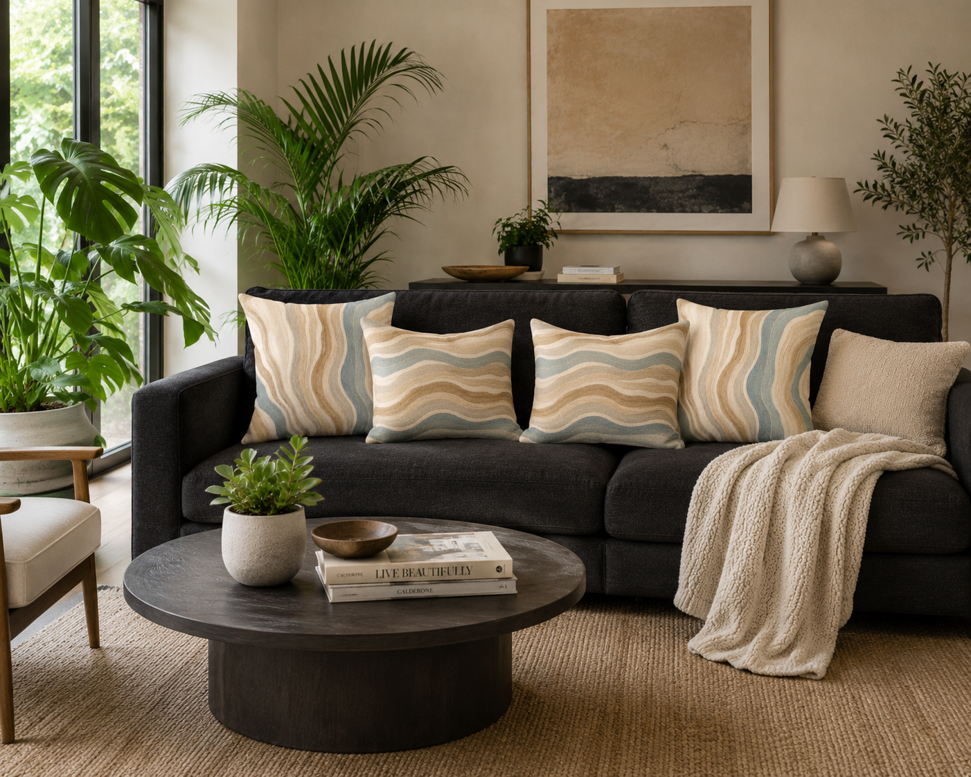 Abstract Earth-Tone Wave Pillow — Neutral Boho Decorative Throw Pillow
