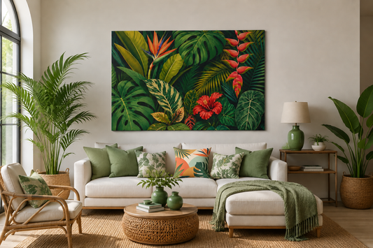 Tropical Leaves Canvas Wall Art — Vibrant Hibiscus & Jungle Botanical Print