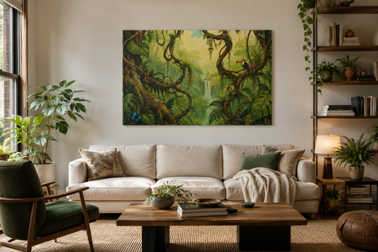 Tropical Jungle Canvas Wall Art — Toucan Waterfall Matte Stretched Print