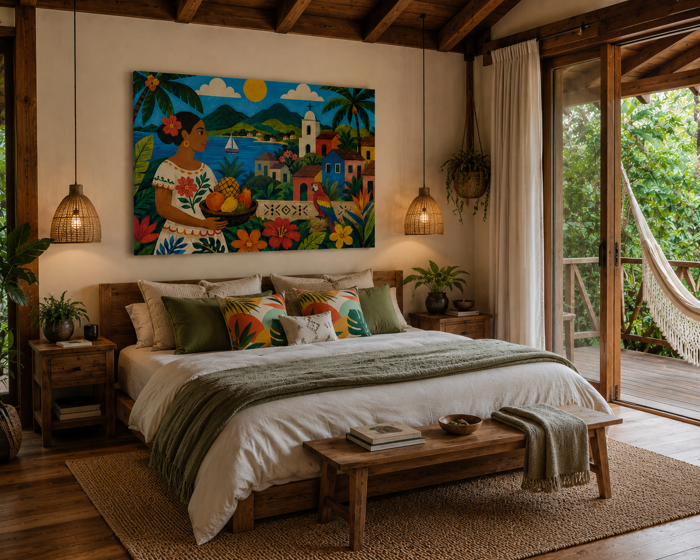 Tropical Village Canvas Wall Art — Colorful Mexican Folk Scene with Woman & Fruits