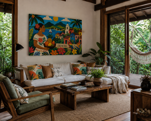 Tropical Village Canvas Wall Art — Colorful Mexican Folk Scene with Woman & Fruits