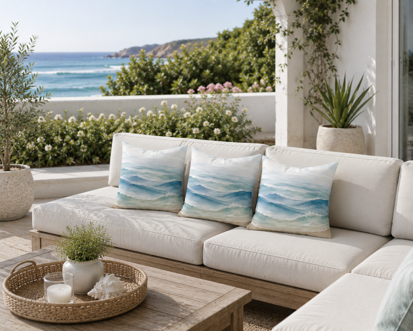 Coastal Waves Faux Suede Pillow — Watercolor Ocean Throw Pillow