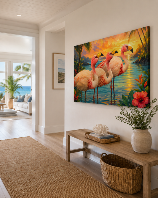 Tropical Flamingo Canvas Wall Art — Sunset Beach Scene Matte Stretched Print