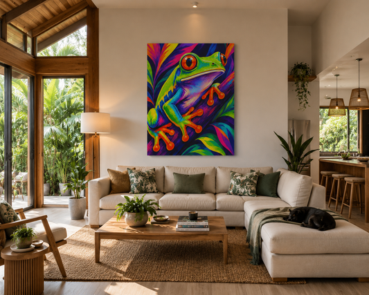 Living room with a colorful frog painting on the wall, white sofa, and wooden coffee table.