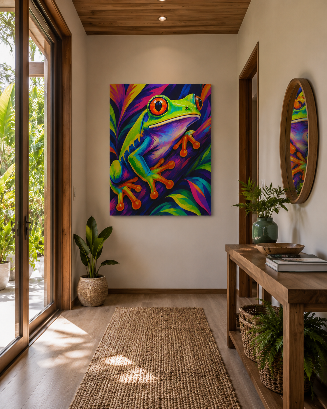 Colorful frog painting on a wall in a room with plants and wooden furniture.