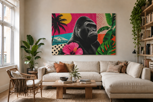 Living room with a large sofa, coffee table, and colorful gorilla painting on the wall.