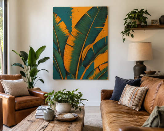 Tropical Banana Leaf Matte Canvas Art – Teal & Mustard Botanical Wall Decor