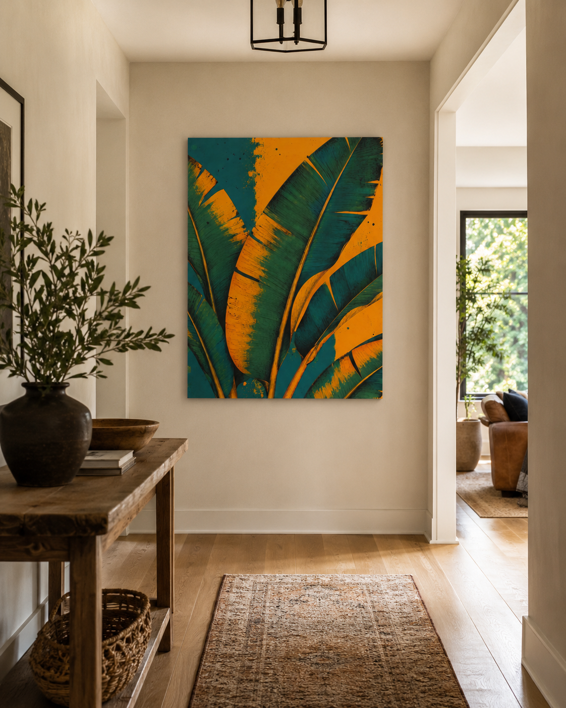 Tropical Banana Leaf Matte Canvas Art – Teal & Mustard Botanical Wall Decor