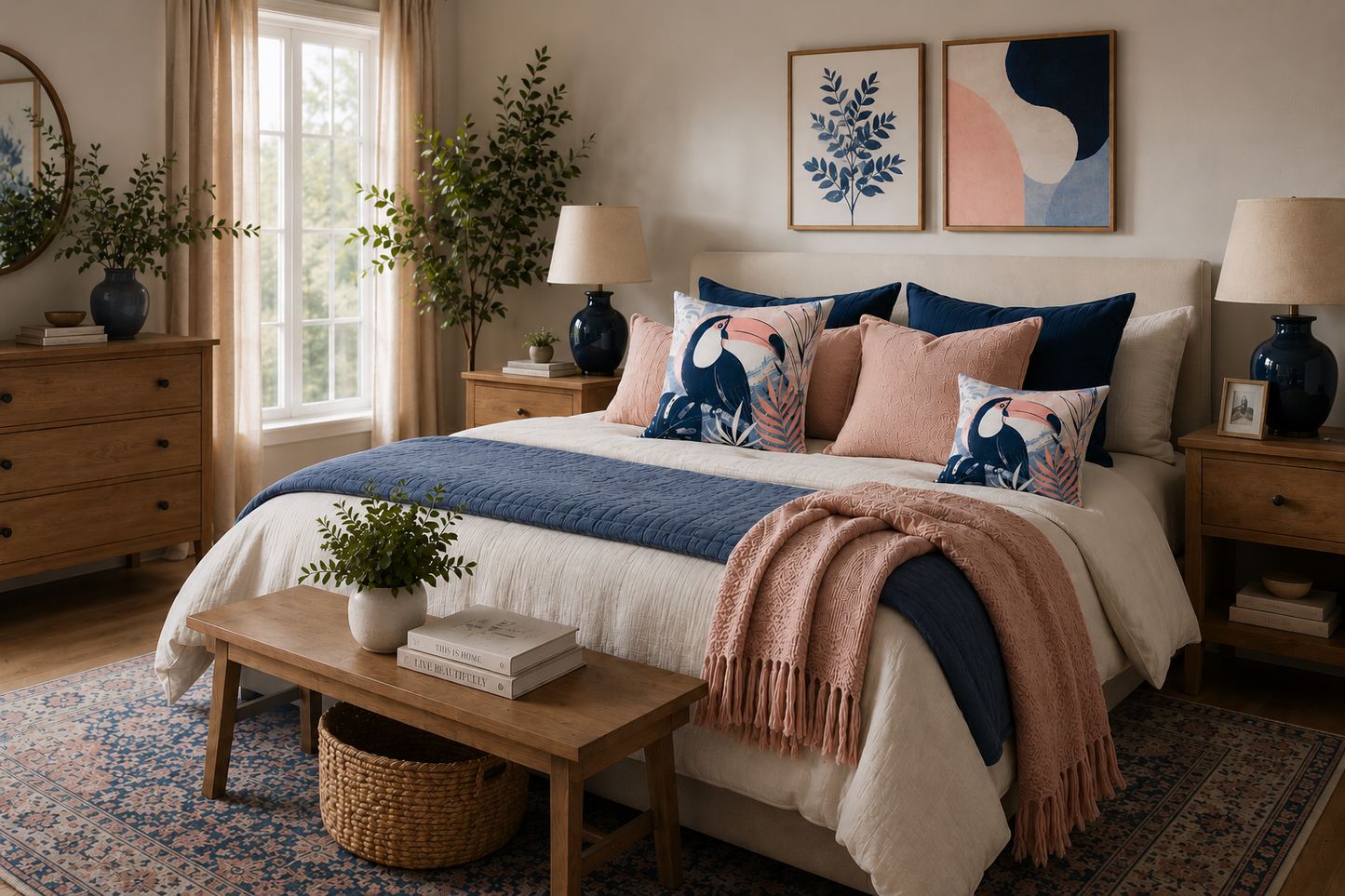 Cozy bedroom with a bed, nightstands, and decor elements.