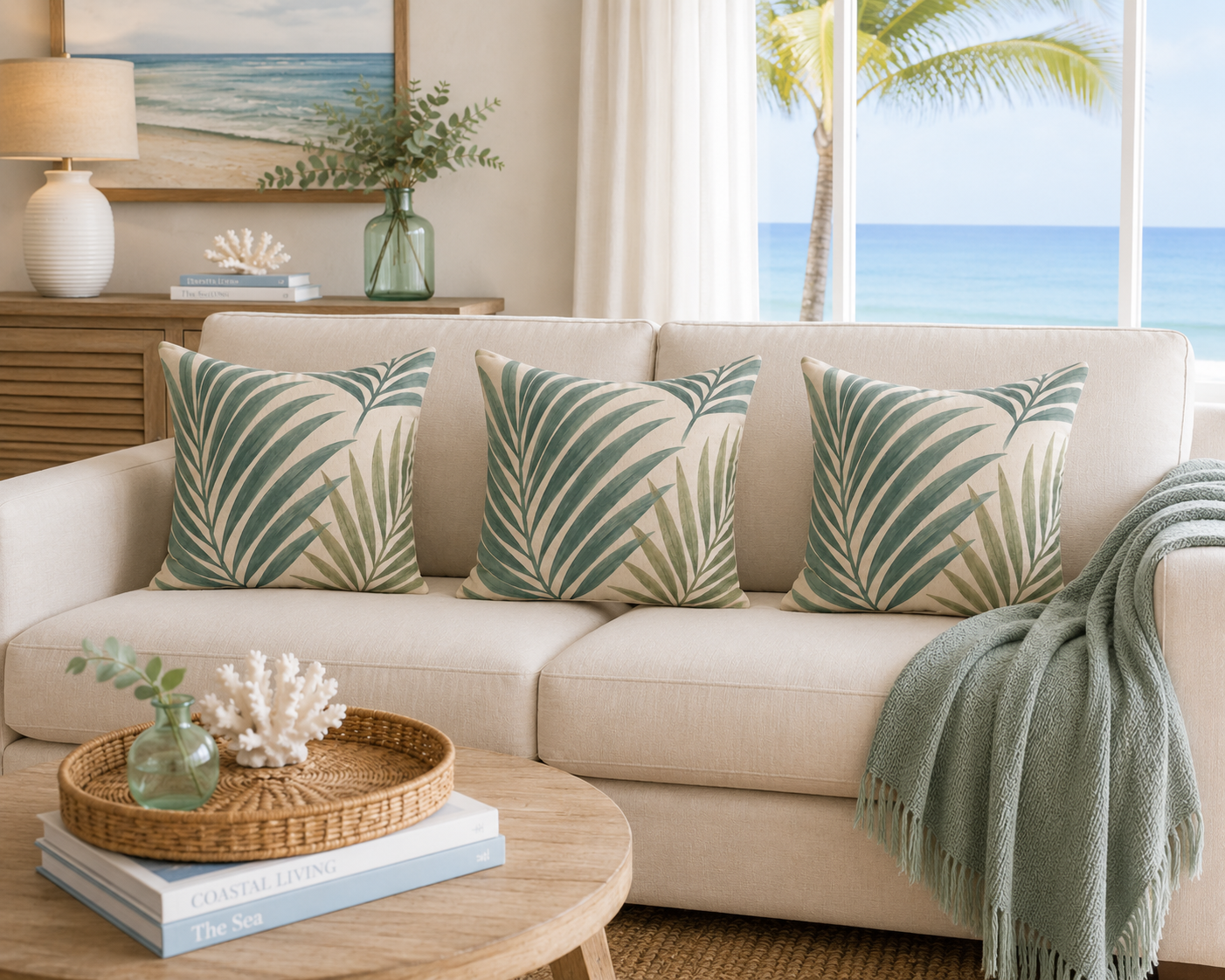 Beige sofa with leaf-patterned cushions in a living room with ocean view