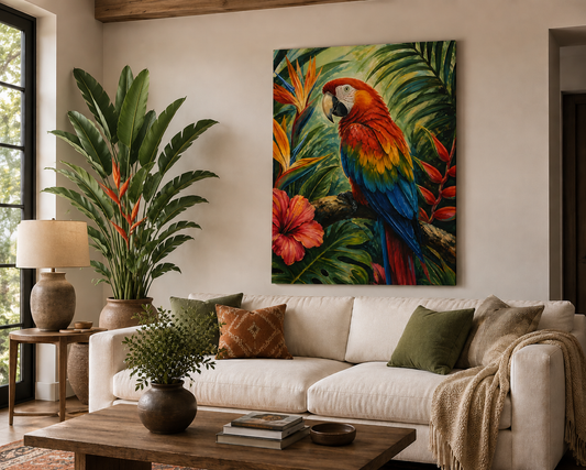 Living room with a colorful parrot painting, sofa, and decorative items.