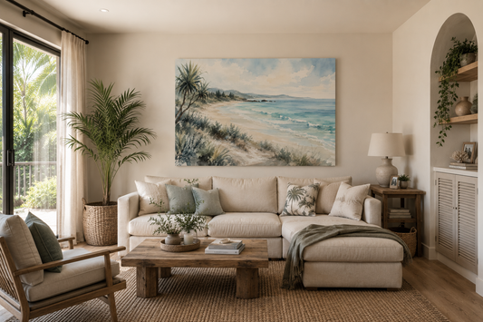 A large rectangular beach landscape painting hangs on a beige wall above a cream sectional sofa in a styled living room with a coffee table, plants, and a window view.