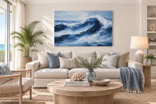 A large square canvas wall art print depicting a powerful blue ocean wave, styled in a bright, modern living room above a beige sofa with blue and beige pillows.