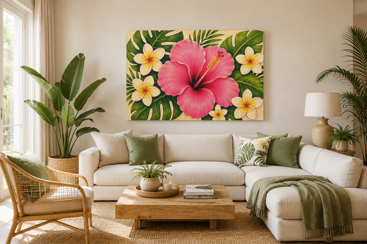 A large rectangular wall art print featuring a bright pink hibiscus flower with yellow and white tropical flowers and green leaves, displayed above a white sectional sofa in a styled living room.