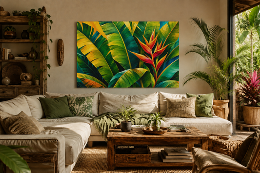 A vibrant tropical canvas wall art print featuring large green banana leaves and a bright orange heliconia flower, displayed in a cozy, boho-style living room above a white sectional sofa.