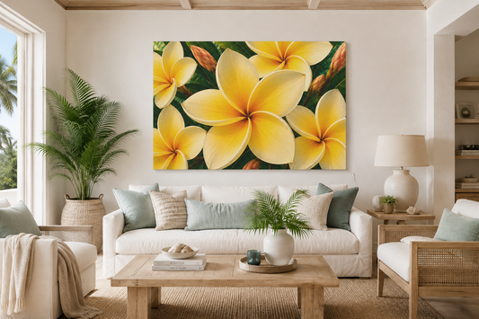 A large square wall art print featuring bright yellow plumeria flowers on a dark green background, displayed above a white sofa in a modern, sunlit living room with plants and neutral-toned furniture.