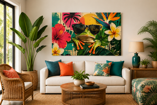 A colorful tropical wall art print featuring a frog in sunglasses surrounded by hibiscus flowers, plumeria, and palm leaves, displayed above a white sofa in a styled living room.