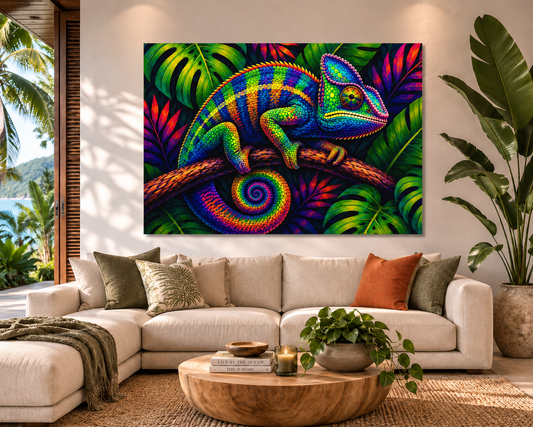 A large rectangular canvas wall art print showing a brightly colored chameleon on tropical leaves, displayed above a beige sectional sofa in a modern living room with plants and a round wooden coffee table.