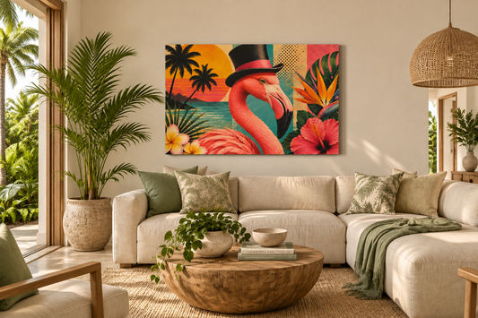 A colorful tropical wall art print featuring a flamingo in a top hat, palm trees, hibiscus flowers, and a sunset, displayed above a beige sectional sofa in a modern, sunlit living room with plants and a wooden coffee table.