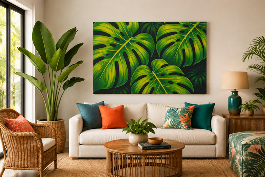 A large rectangular wall art print featuring a bold green tropical monstera leaf pattern, displayed above a white sofa in a styled living room with plants, a wicker chair, and a round coffee table.