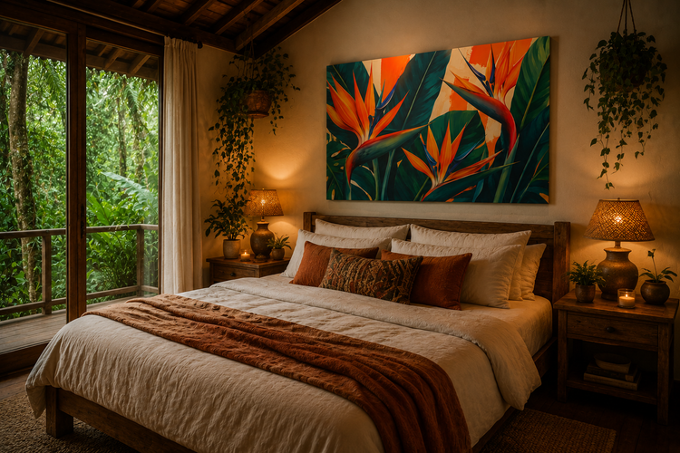Birds of Paradise Canvas Print over bed in bedroom