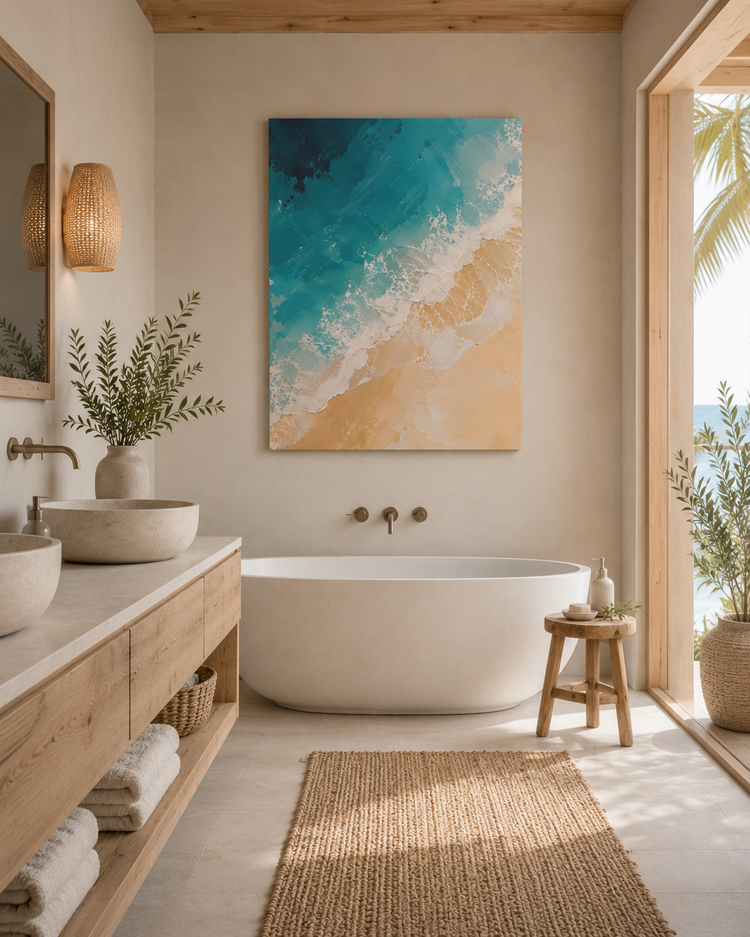 Modern bathroom with a freestanding bathtub, wooden vanity, and beach-themed artwork.