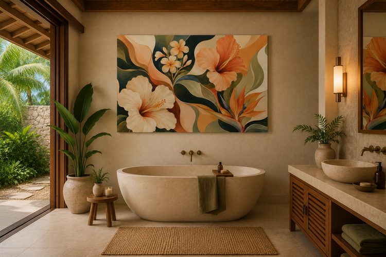 A large rectangular wall art canvas featuring oversized tropical flowers in peach, cream, orange, and green tones, displayed above a freestanding oval bathtub in a warm beige bathroom with wood accents, plants, and a vanity.