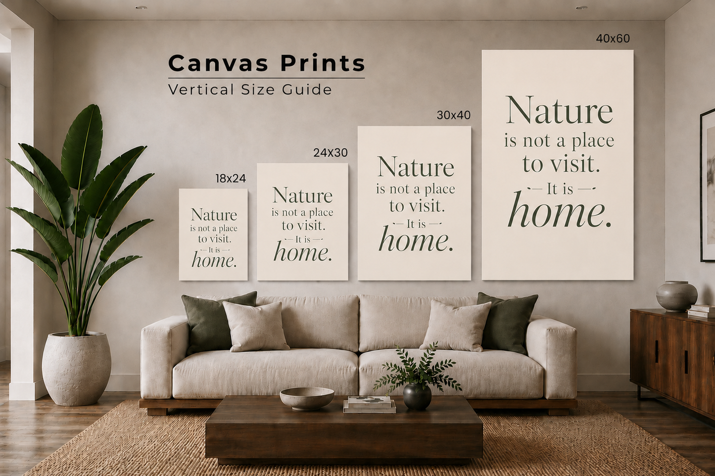Living room with a beige sofa, coffee table, and decorative plants, featuring canvas prints on the wall.