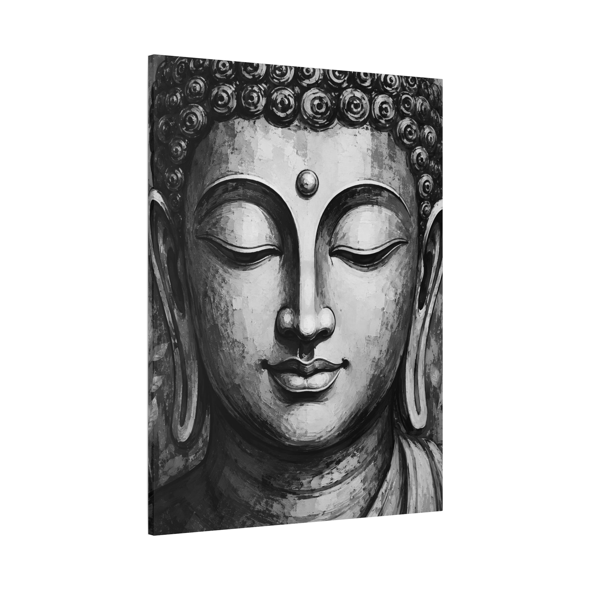 Canvas print of a Buddha's face with intricate details on a white background