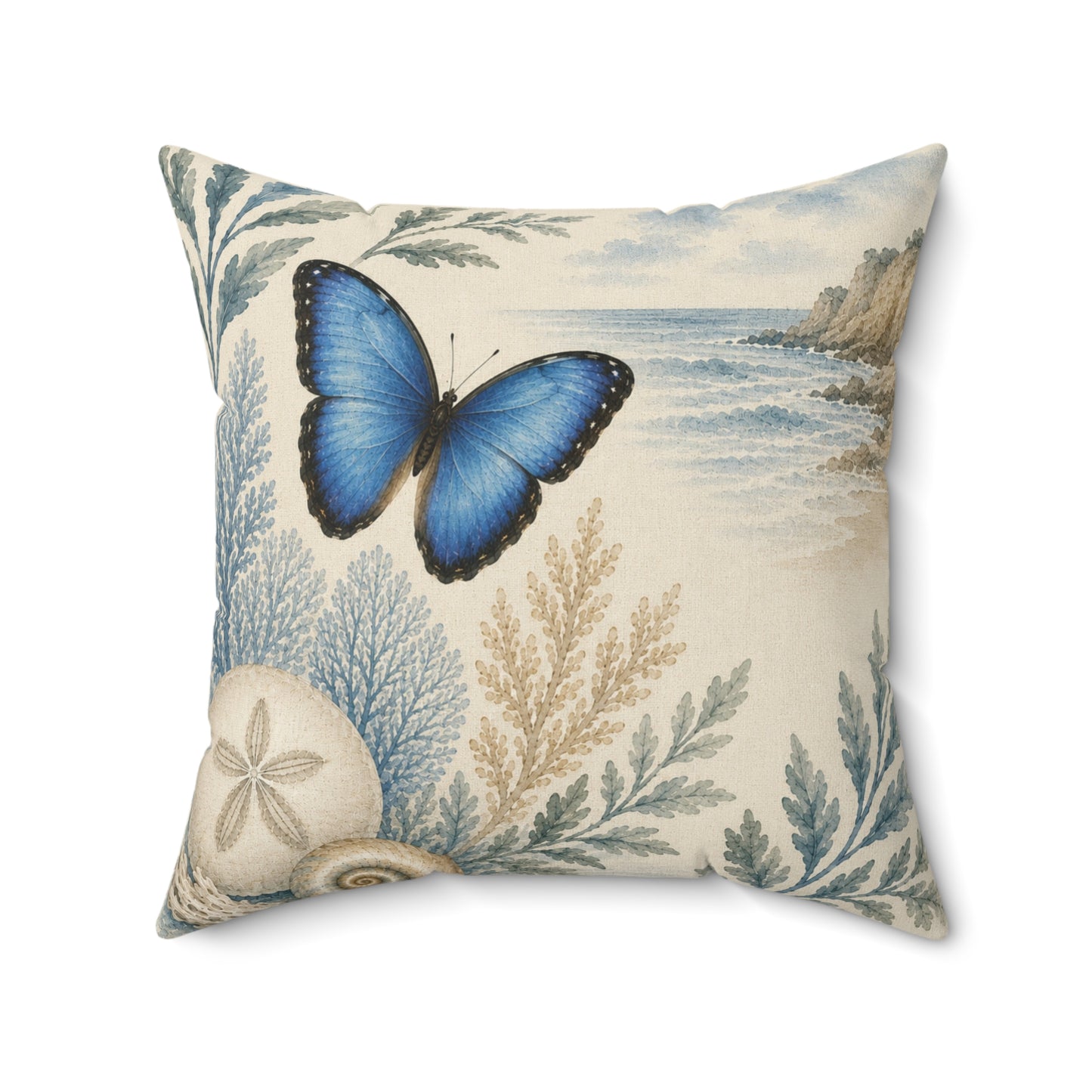 Coastal Blue Butterfly Pillow - Faux Suede Square Decorative Throw Pillow