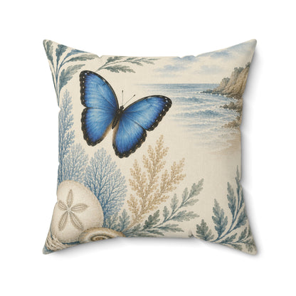 Coastal Blue Butterfly Pillow - Faux Suede Square Decorative Throw Pillow