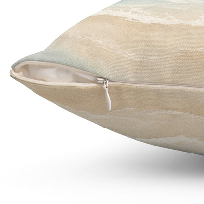 Close-up of a beige pillow with a zipper on a white background