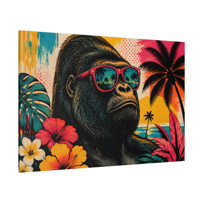 Gorilla wearing sunglasses with a tropical background featuring palm trees and flowers.
