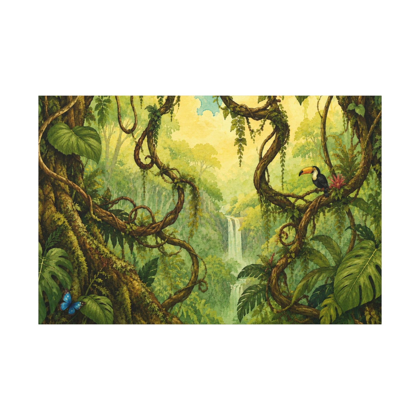 Tropical Jungle Canvas Wall Art — Toucan Waterfall Matte Stretched Print