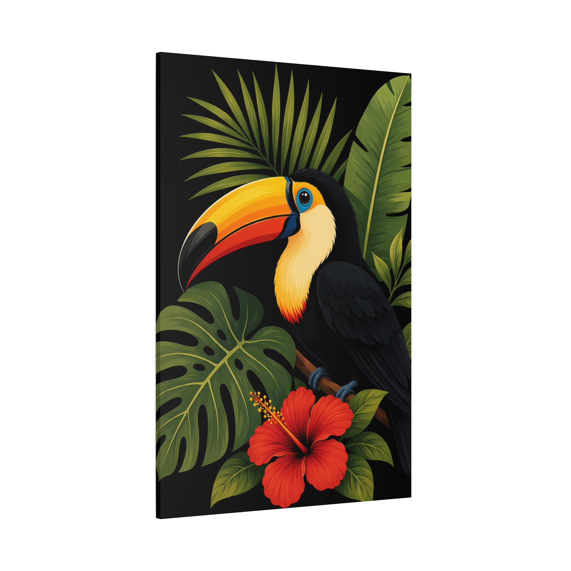 Canvas print with a toucan and tropical leaves on a black background