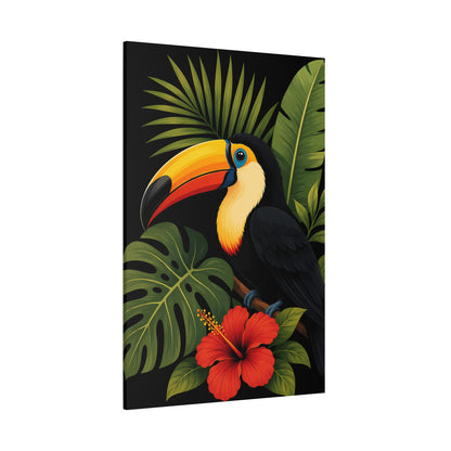 Canvas print with a toucan and tropical leaves on a black background