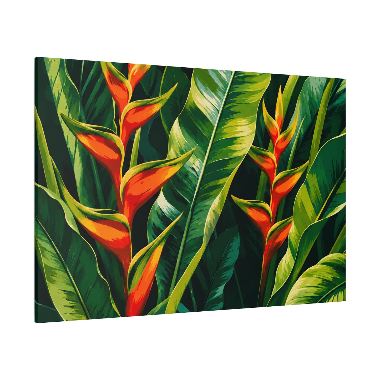 Canvas print of tropical leaves and flowers with vibrant green and orange colors on a white background.