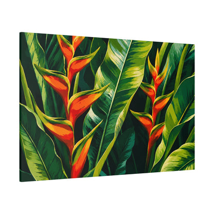 Canvas print of tropical leaves and flowers with vibrant green and orange colors on a white background.